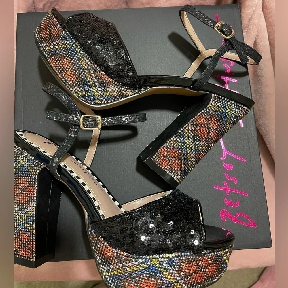 Betsey Johnson Alaia Black Plaid Sequin Crystal Platform Heels Sz. 6 BNIB